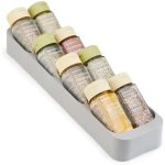 Type: Organizer Made of Plastic Pack of: 1 Description Length: 398mm Width: 98mm Height: 44mm Finish: Grey plastic Holds 8 spice bottles