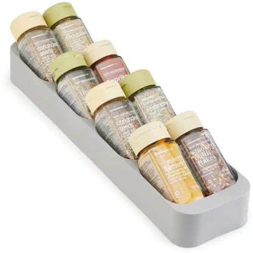 Type: Organizer Made of Plastic Pack of: 1 Description Length: 398mm Width: 98mm Height: 44mm Finish: Grey plastic Holds 8 spice bottles